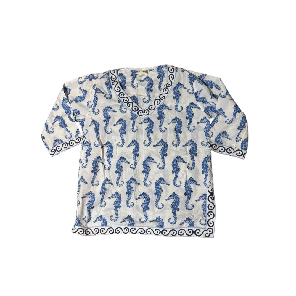 Ecoaccents Seahorse Print Cotton Tunic Top Blue White V-Neck Coastal Large